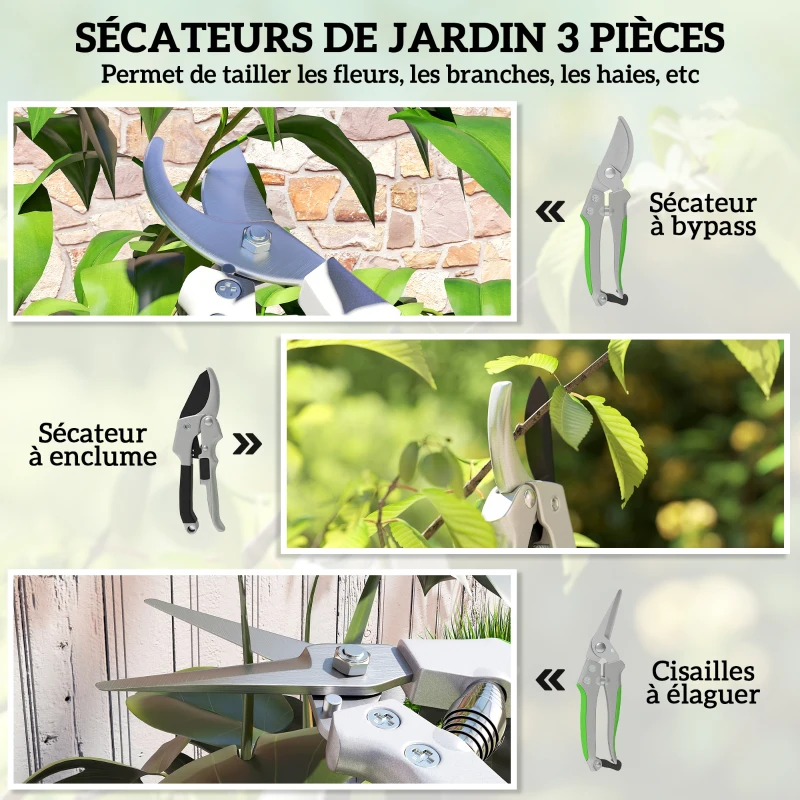 Outsunny Lot de 3 sécateurs de jardin, ensemble de coupe pour jardinage, avec lame tranchante, en métal et aluminium, argent noir