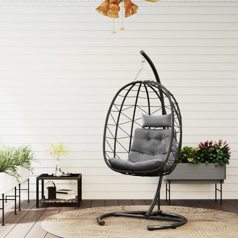 Outsunny Hangstoel voor buiten, Ei stoel, weerbestendig, inclusief kussen, 102 cm x 102 cm x 195 cm, Donkergrijs