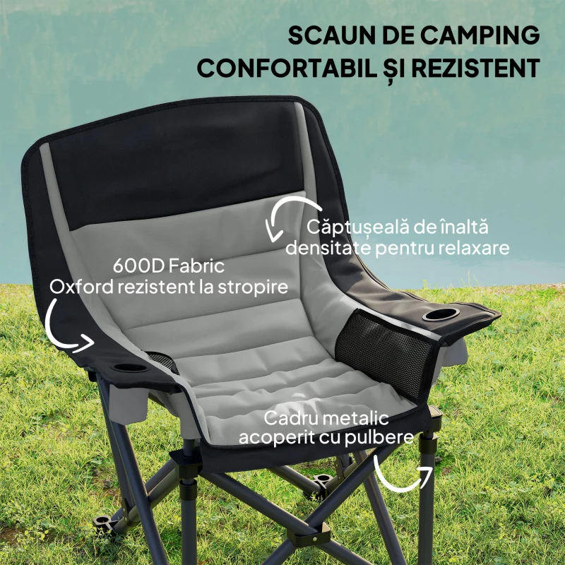 Outsunny Scaun de Camping Pliabil cu 2 Suporturi pentru Pahare și Buzunare Laterale, 99x71x103 cm, Gri