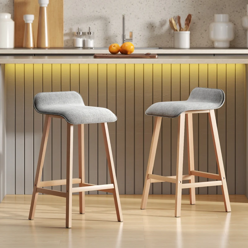 HOMCOM Conjunto de 2 Taburetes de Bar Tapizado en Lino Sintético Taburetes Altos de Cocina con Reposapiés y Patas de Madera Carga 120 kg 40x41,5x75,5 cm Gris y Natural