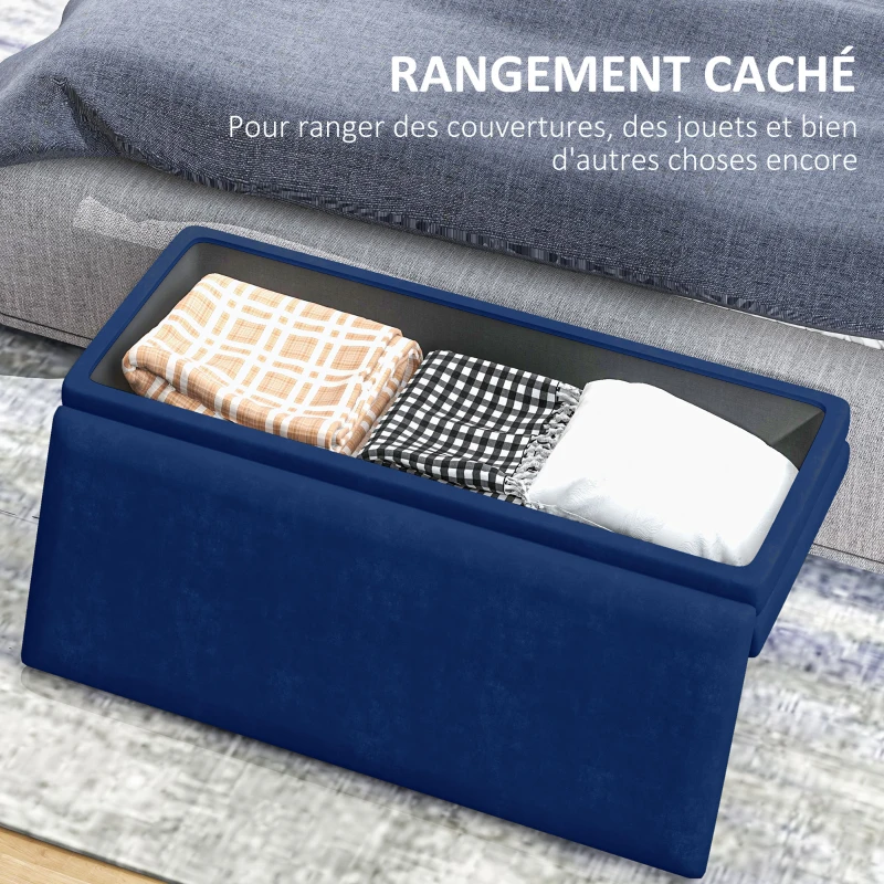 HOMCOM Banc banquette coffre de rangement 2 en 1 assise aspect velours et pieds acier - 100 x 37,5 x 42 cm bleu et doré