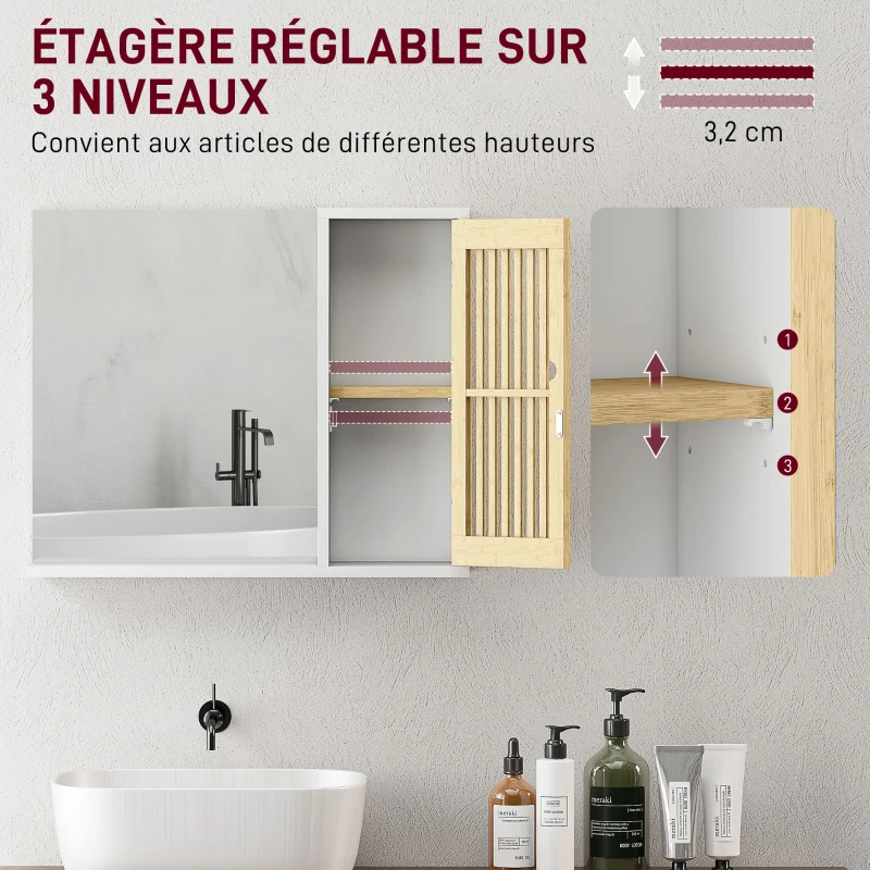 HOMCOM Armoire de salle de bain avec miroir, étagère, porte à lattes en bambou et étagère réglable, blanc