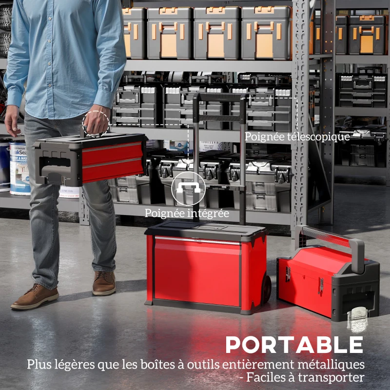 HOMCOM Lot de 3 boîtes à outils sur roulettes empilables et modulaires en acier avec plateau, poignées et serrure, rouge