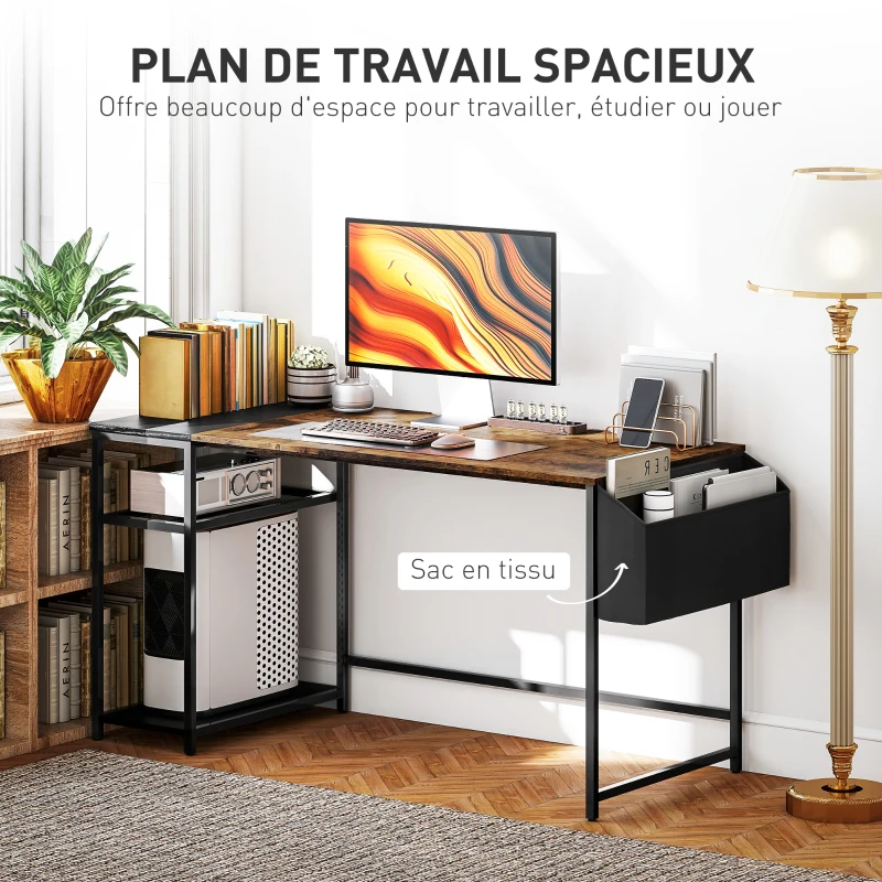 HOMCOM Bureau d'ordinateur 150 x 60 cm avec étagères de rangement réversibles et sac en tissu, pour petits espaces, marron
