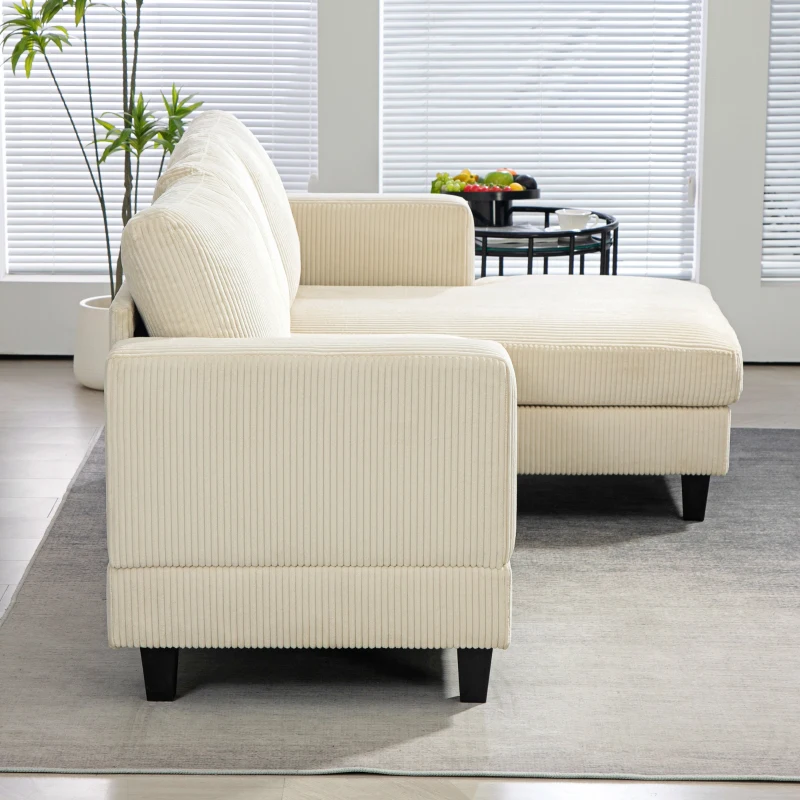 HOMCOM Canapé d'angle en velours côtelé 3 places avec méridienne et coussin à ressorts épais, largeur 214 cm, beige