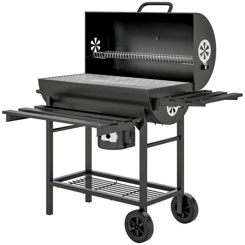 Outsunny Barbecue charbon de bois avec tablette avant pliable, avec grille de cuisson, 2 roues, 114 x 65 x 95 cm, noir