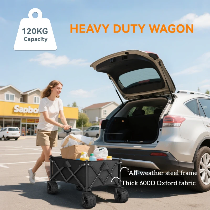 Outsunny Folding Garden Trolley, Outdoor Wagon Cart with Carry Bag, for Beach, Camping, Festival, 120KG Capacity, Black