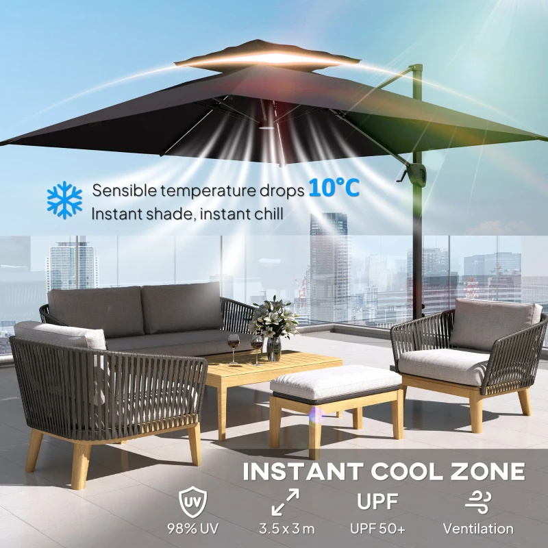 Outsunny 3.5x3 m Garden Cantilever Parasol with Solar LED Lights and Centre Light, Aluminium Large Square Patio Umbrella, UPF50+ Hanging Sun Shade with Cross Base, Crank Handle and Tilt, Grey