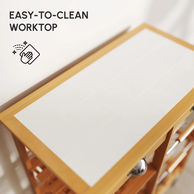 HOMCOM Wooden Kitchen Trolley Rolling Cart Drawers, 3 Shelves, Honey Colour
