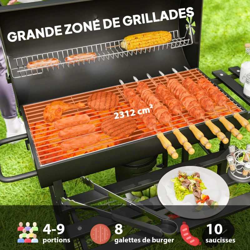 Outsunny Barbecue charbon de bois avec tablette avant pliable, avec grille de cuisson, 2 roues, 114 x 65 x 95 cm, noir