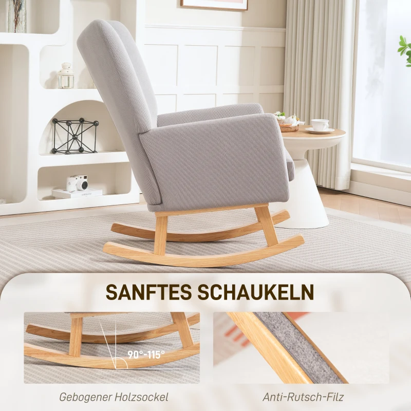 HOMCOM Schaukelstuhl im Retro-Design, Cordbezug, Kautschukholz, Schaumstoff-Füllung, hohe Rückenlehne, Polstersessel, Hellgrau