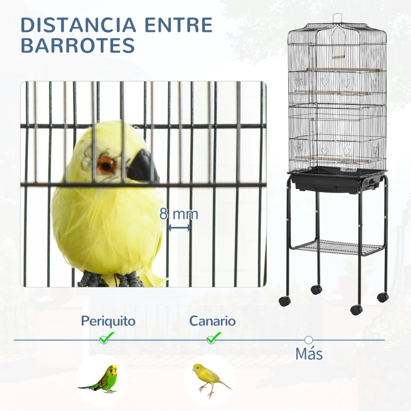 PawHut Jaula para Pájaros con Soporte Jaula Metálica con Ruedas Bandeja Extraíble y Estante 46,5x36x157 cm Negro