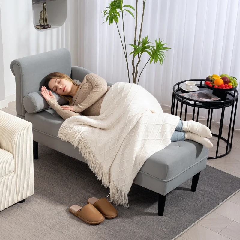 HOMCOM Chaise Longue con Rivestimento Trapuntato Effetto Velluto Grigio, in Legno Massello e Spugna, 146x61x82.5 cm