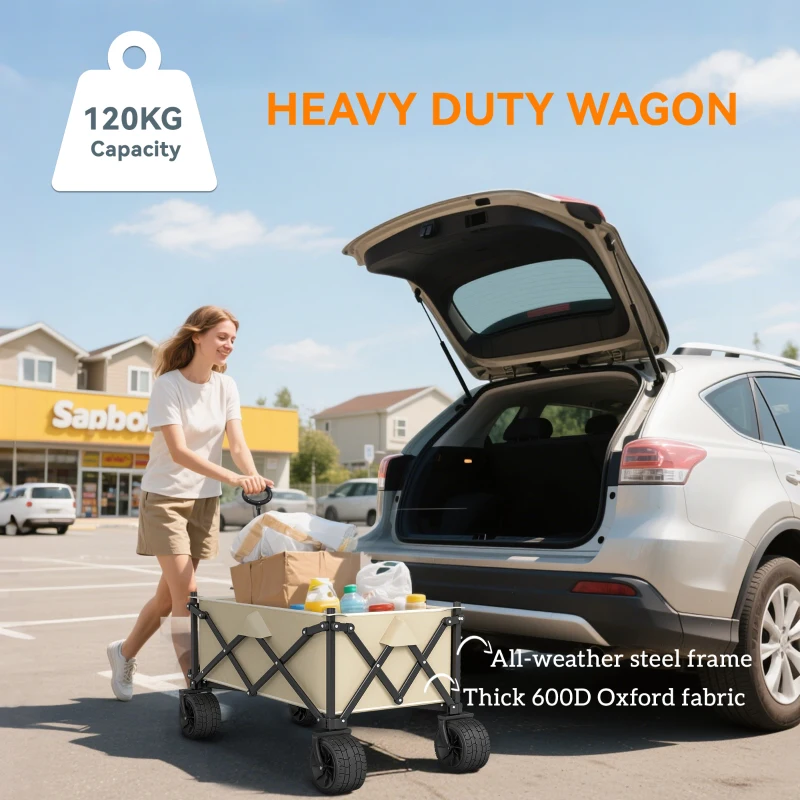 Outsunny Folding Garden Trolley, Outdoor Wagon Cart with Carry Bag, for Beach, Camping, Festival, 120KG Capacity, Khaki
