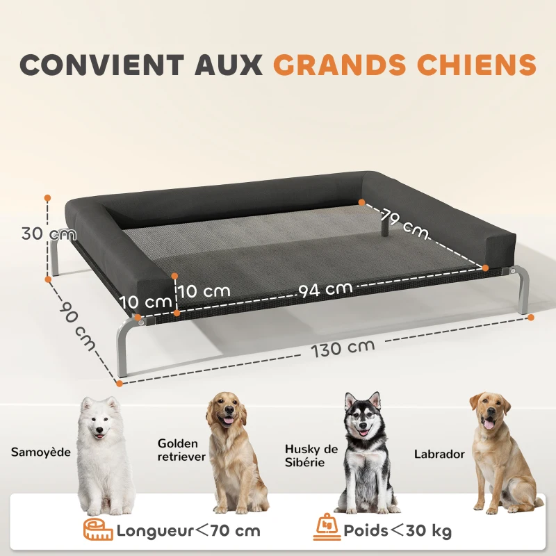 PawHut Lit surélevé pour chien rafraichissant, lit de camp pour chiens intérieur extérieur portable, 130 x 90 x 30 cm, noir