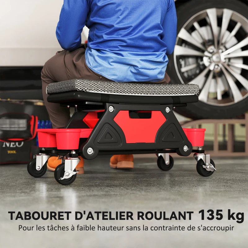 HOMCOM Tabouret d'atelier mobile 135 kg, tabouret de mécanicien avec roulettes rotatif à 360°, 64,5 x 33 x 35 cm, noir