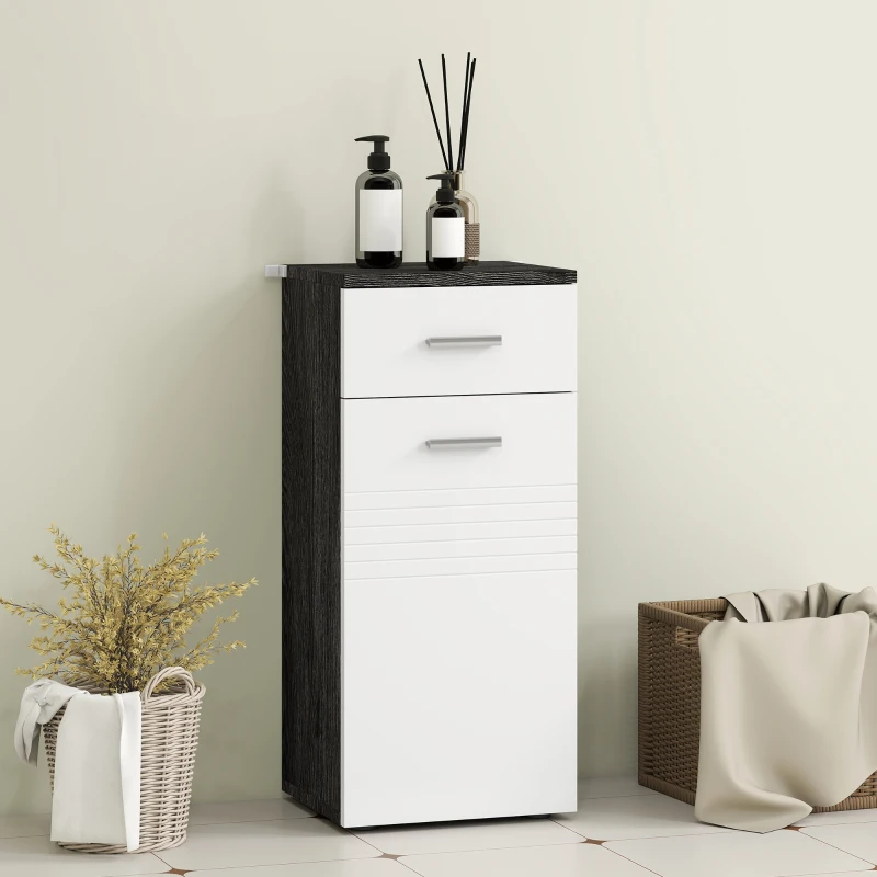 kleankin Mobile Bagno con Cassetto e Armadietto in Legno, 35x30x77.5cm, Bianco e Nero
