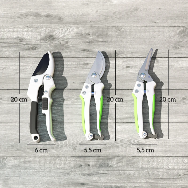 Outsunny Lot de 3 sécateurs de jardin, ensemble de coupe pour jardinage, avec lame tranchante, en métal et aluminium, argent noir