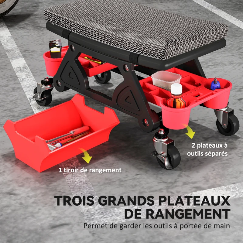 HOMCOM Tabouret d'atelier mobile 135 kg, tabouret de mécanicien avec roulettes rotatif à 360°, 64,5 x 33 x 35 cm, noir