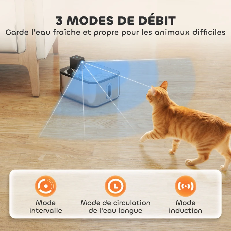 PawHut Fontaine à eau pour chat automatique en inox 5L, silencieuse, distributeur eau chat 3-étapes filtre chargeur USB, argent