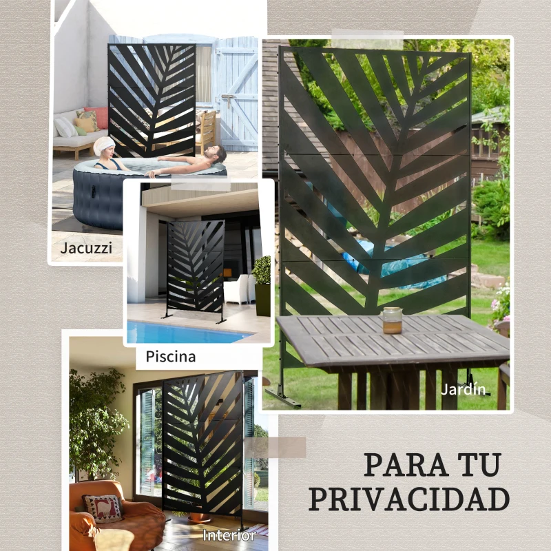 Outsunny Biombo Separador de Ambientes con Diseño de Hoja de Plátano Biombo para Exterior Jardín Patio Terraza 122x45x198cm Negro