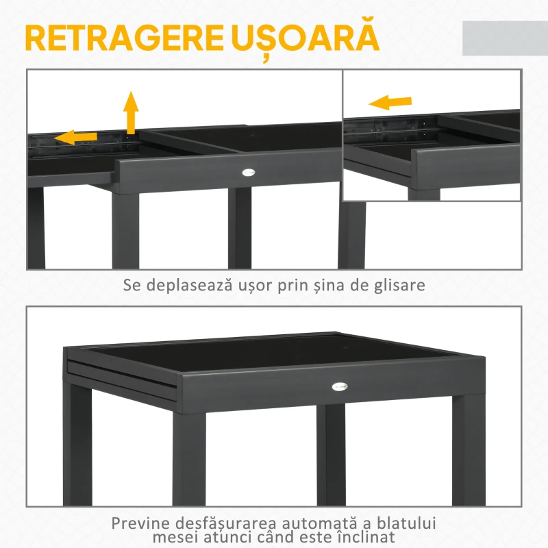 Outsunny Masă de Grădină Extensibilă cu Blat din Sticlă 80-160x80x75 cm Negru