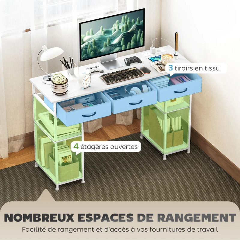 HOMCOM Bureau avec rangement avec prises de courant, 3 tiroirs en tissu et 4 étagères de rangement, 120 x 40 x 76 cm, blanc