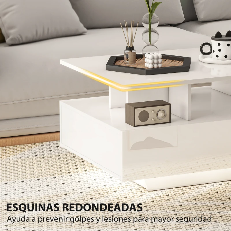 HOMCOM Mesa de Centro LED Moderna con 4 Cajones Estante Abierto y Luces LED de 16 Colores para Salón 90x55x41 cm Blanco Brillo
