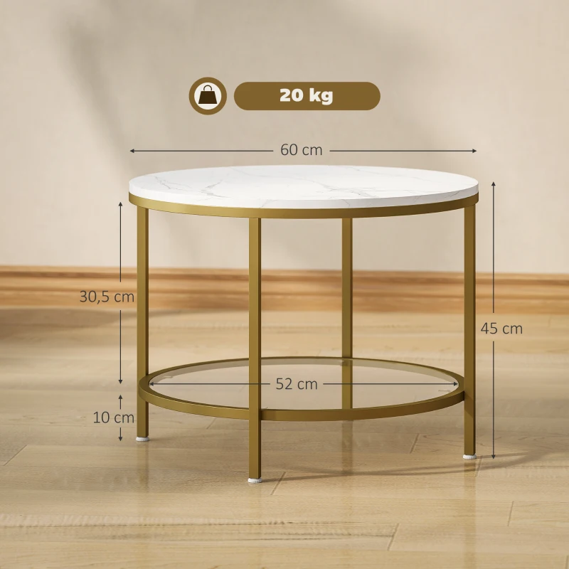 HOMCOM Table basse salon ronde moderne à 2 niveaux plateau effet marbre et étagère en verre trempé, Ø 60 x 45 cm, blanc et doré