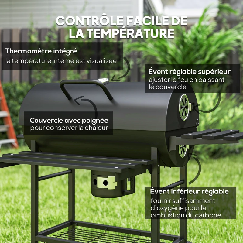 Outsunny Barbecue charbon de bois avec tablette avant pliable, avec grille de cuisson, 2 roues, 114 x 65 x 95 cm, noir