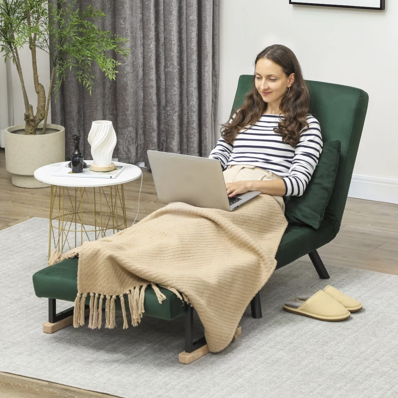 HOMCOM 4-in-1 Velvet-Feel Single Chair Bed, with Pillow - Green