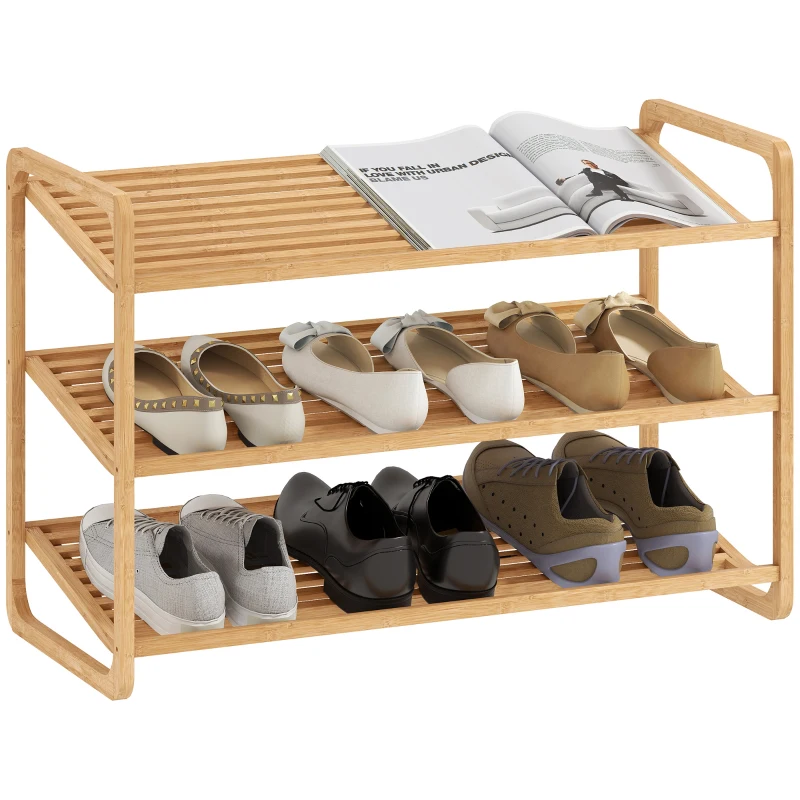 HOMCOM Scaffale Scarpiera a 3 Livelli per 12 Scarpe con Ripiani a Doghe in Bambù, 76x33x50.8 cm, Colore Legno