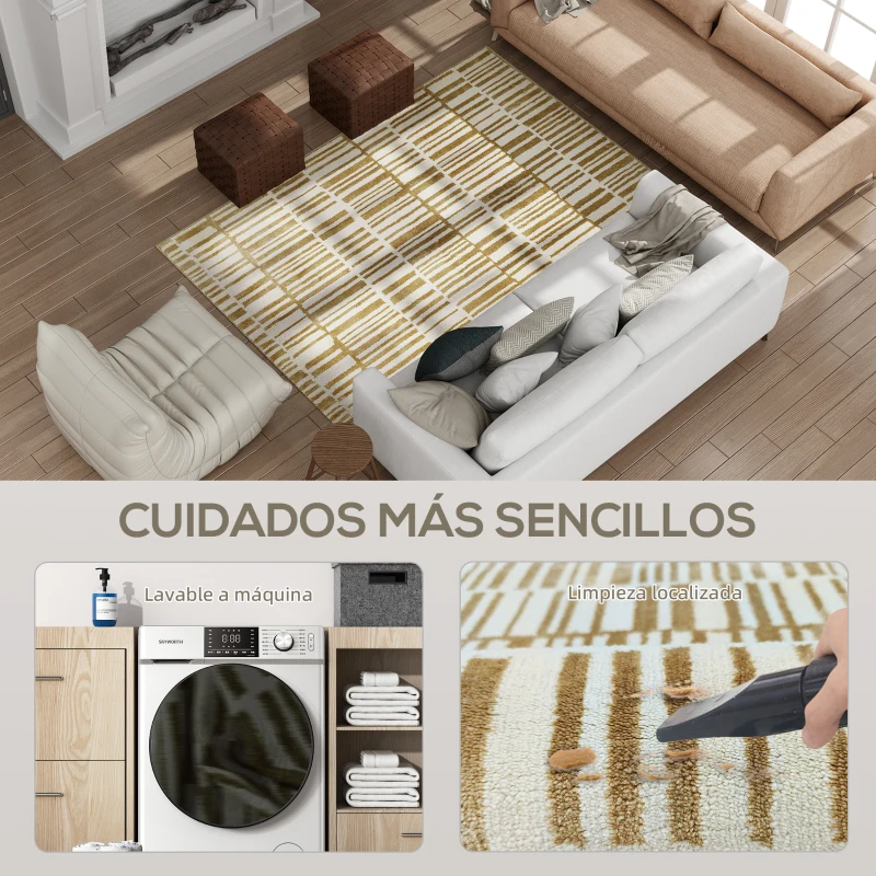 HOMCOM Alfombra Salón 170x120 cm Lavable en Lavadora Pelo Corto Estilo Moderno Tapete para Sala de Estar Dormitorio Crema