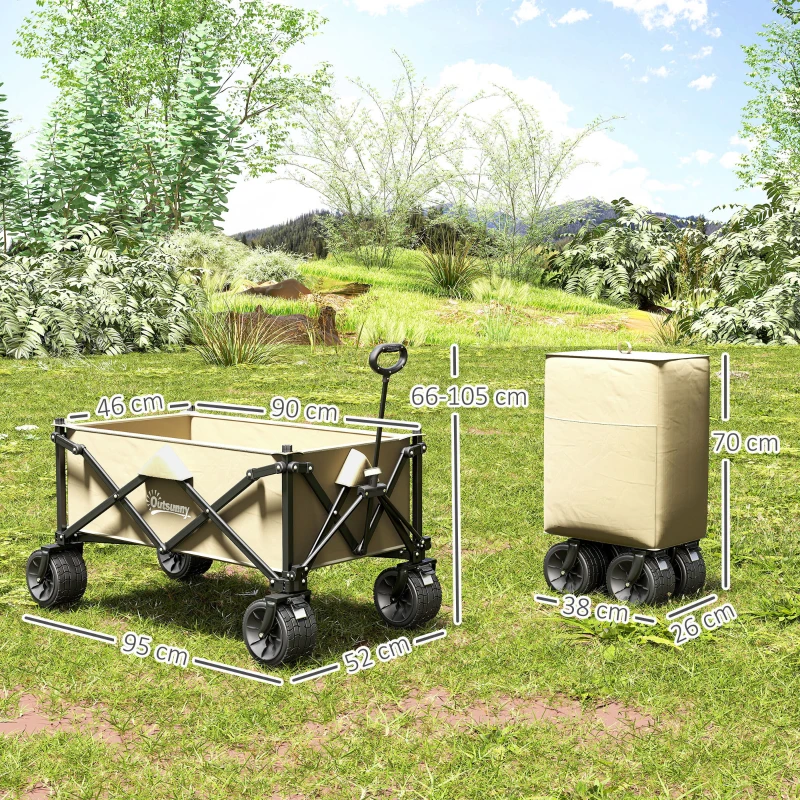 Outsunny Folding Garden Trolley, Outdoor Wagon Cart with Carry Bag, for Beach, Camping, Festival, 120KG Capacity, Khaki