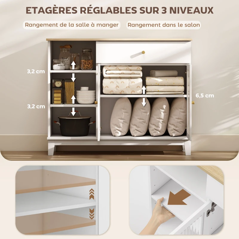 HOMCOM Buffet salon avec placard à portes en verre trempé nervuré, tiroir, 3 compartiments ouverts et étagères réglables, blanc