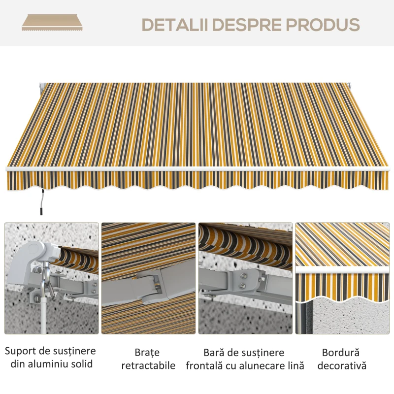 Outsunny Copertină Pliabilă pentru Exterior, Copertină Tip Roll-Up cu Deschidere Manivelă, 350x250 cm, Galben