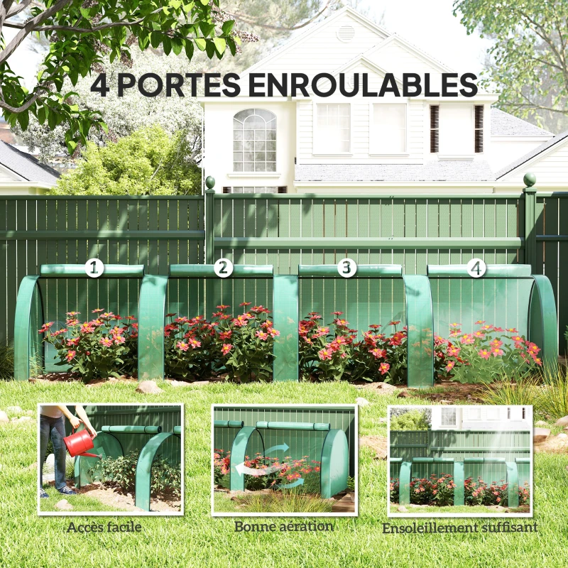 Outsunny Mini serre de jardin serre à tomates 4 x 1 x 0,80 m acier PE anti-UV 4 portes avec zip enroulables vert
