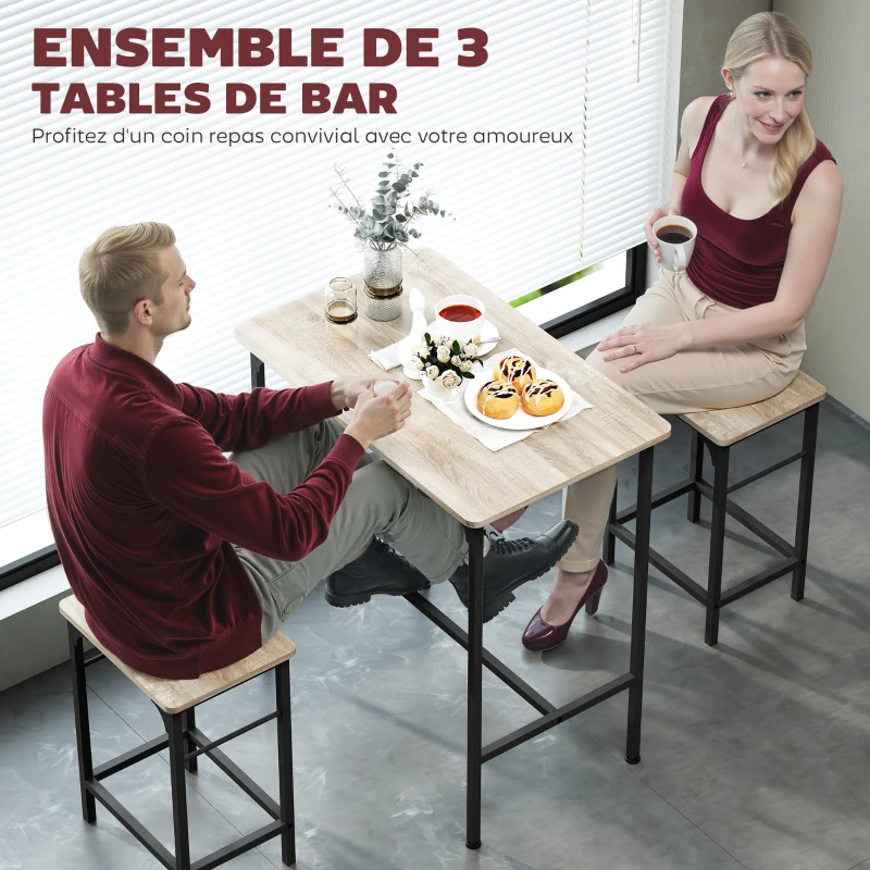 HOMCOM Ensemble table de bar avec 2 tabourets, cadre en acier pour cuisine, salle à manger et salon, effet bois naturel