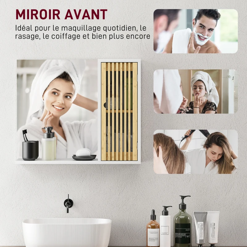 HOMCOM Armoire de salle de bain avec miroir, étagère, porte à lattes en bambou et étagère réglable, blanc