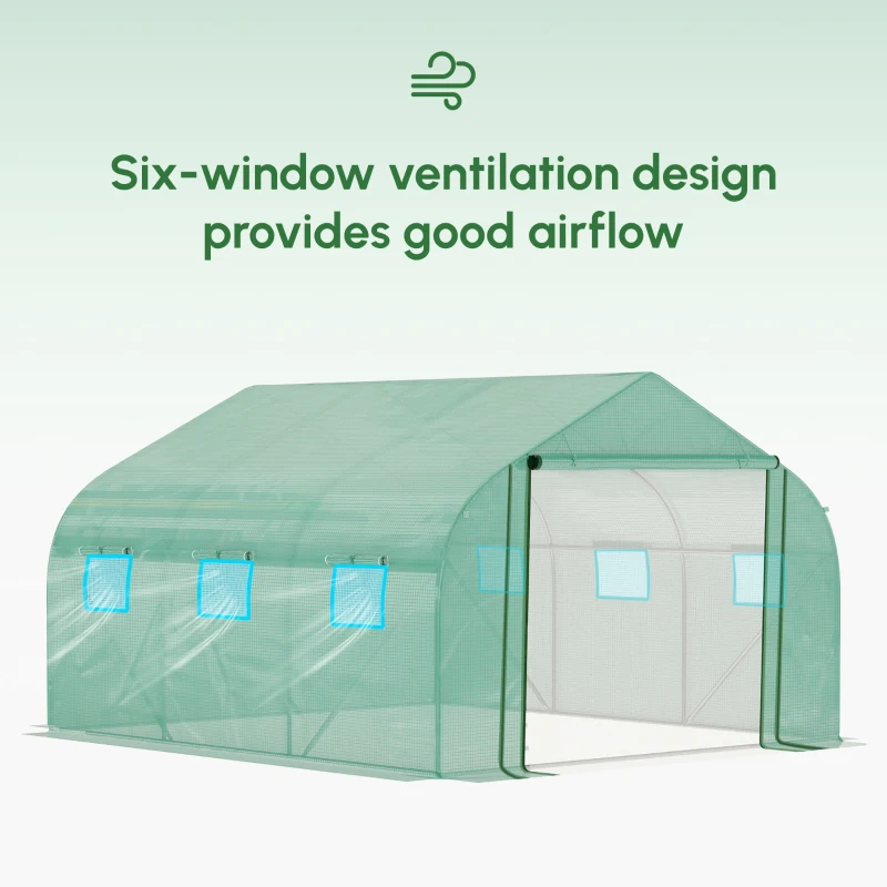 Outsunny Walk-in Polytunnel Garden Greenhouse, Outdoor Mesh Door Greenhouse with PE Cover and 6 Windows, 3.5 x 3 x 2m, Green