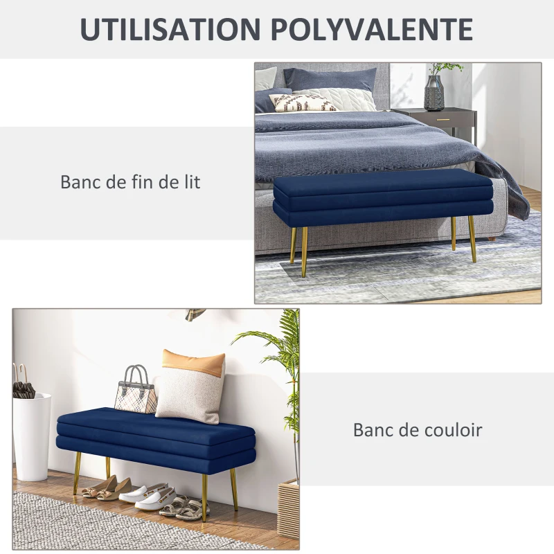 HOMCOM Banc banquette coffre de rangement 2 en 1 assise aspect velours et pieds acier - 100 x 37,5 x 42 cm bleu et doré