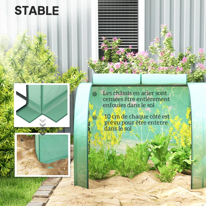 Outsunny Mini serre de jardin serre à tomates 4 x 1 x 0,80 m acier PE anti-UV 4 portes avec zip enroulables vert