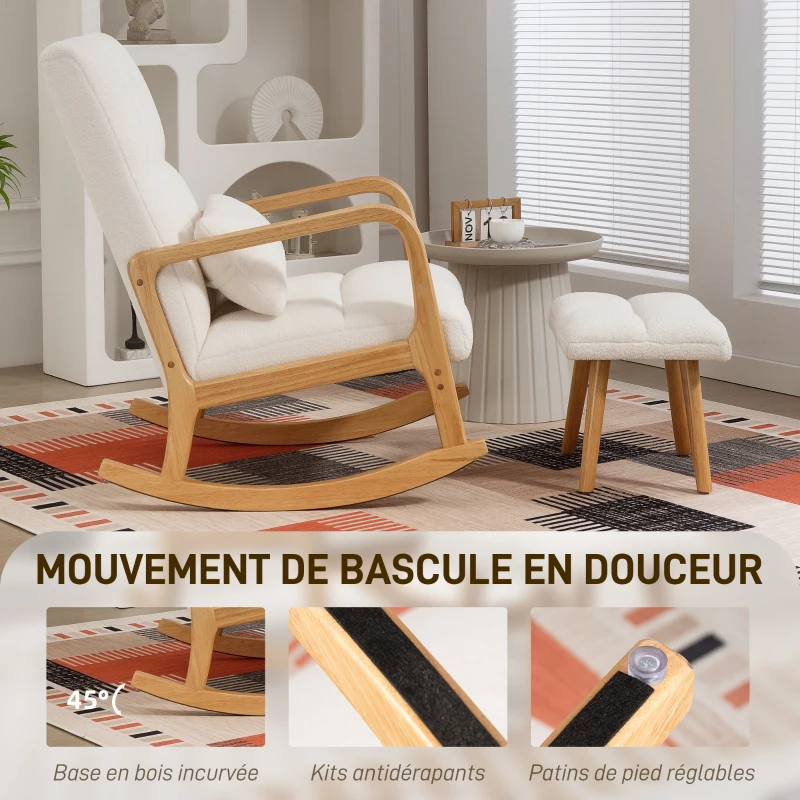 HOMCOM Fauteuil à bascule avec repose-pieds, rocking chair en tissu bouclette, pieds en bois, 64,5 x 82 x 89 cm, blanc