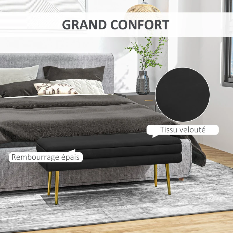 HOMCOM Banc banquette coffre de rangement 2 en 1 assise aspect velours et pieds acier - 100 x 37,5 x 42 cm noir et doré