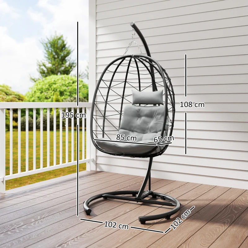 Outsunny Hangstoel voor buiten, Ei stoel, weerbestendig, inclusief kussen, 102 cm x 102 cm x 195 cm, Donkergrijs