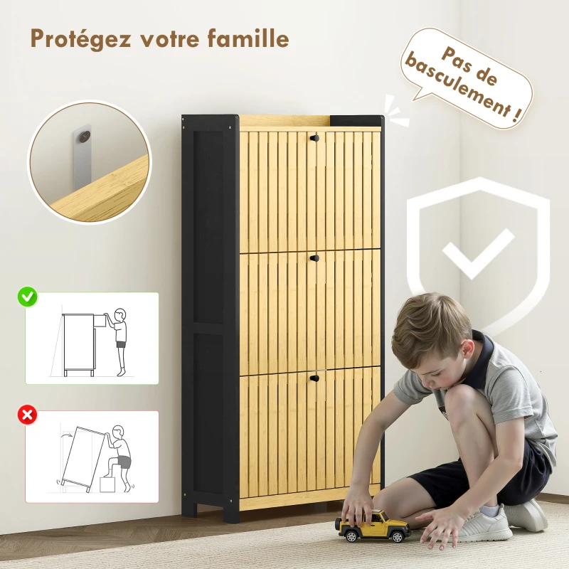HOMCOM Meuble à chaussures 18 paires avec 3 tiroirs rabattables, portes en bambou à lattes, 60x24x118cm, noir et bois naturel