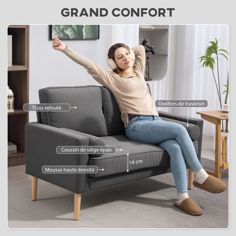 HOMCOM Canapé 2 places banquette moderne en velours 127 cm avec coussins épais, 2 oreillers et assise capitonnée, gris