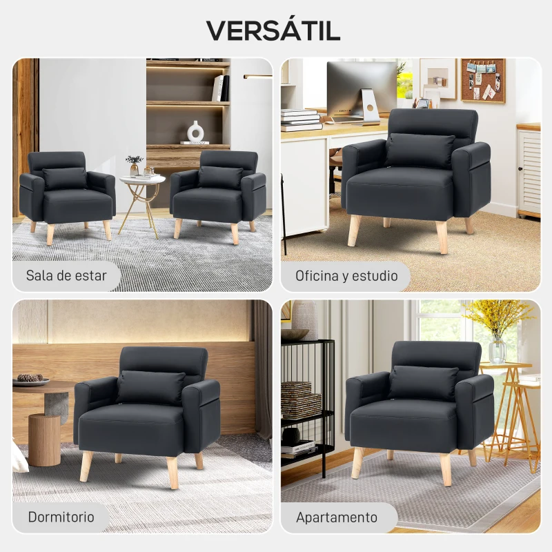 HOMCOM Sillón Tapizado en Cuero Sintético Respaldo con Costuras y Patas de Madera para Salón o Dormitorio 77x78x78 cm Negro