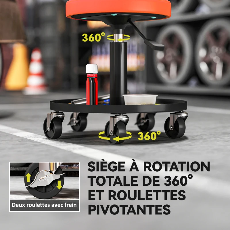 HOMCOM Tabouret d'atelier à 5 roulettes pivotantes 360°, hauteur réglable 38-50 cm, avec plateau, 38 x 38 x 38-50 cm, orange