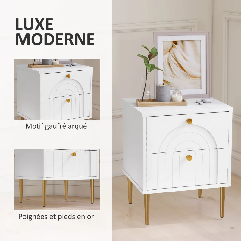 HOMCOM Lot de 2 tables de chevet avec 2 tiroirs et pieds en acier pour chambre à coucher, salon - 40 x 35 x 50 cm, blanc